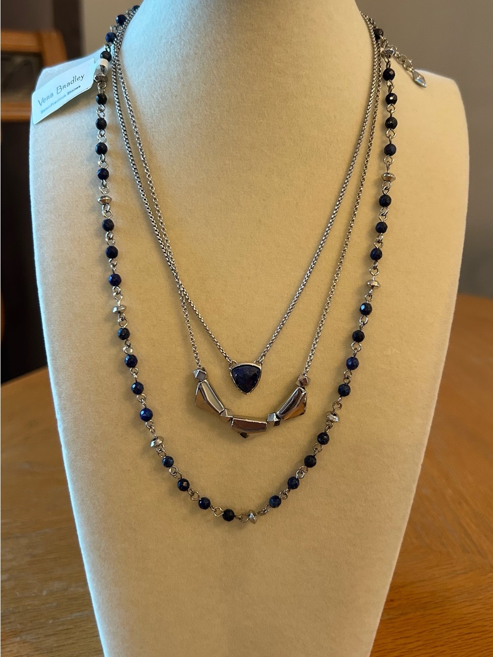 NWT Vera Bradley “Geo Facets” Layered Statement Necklace Silver Tone Blue